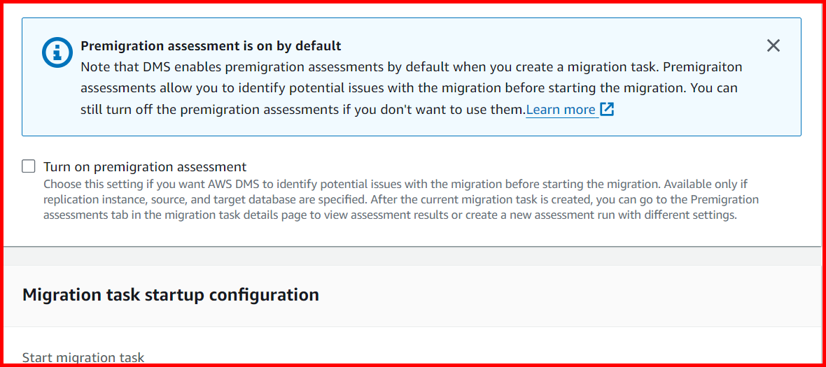Picture showing turn off the checkbox Turn on premigration assessment